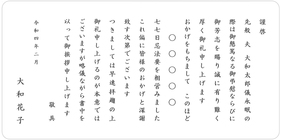 香典返し 挨拶状文例　仏式戒名あり　カードタイプ